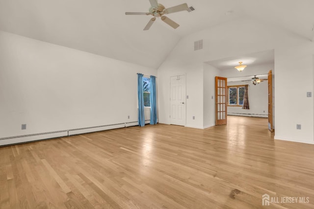 unfurnished living room featuring a ceiling fan, light wood-style floors, baseboard heating, high vaulted ceiling, and baseboards