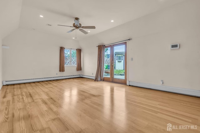 spare room with ceiling fan, wood finished floors, recessed lighting, a baseboard radiator, and baseboard heating