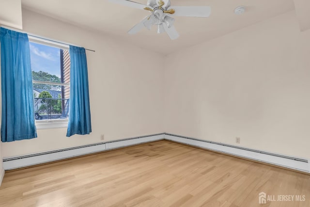 unfurnished room featuring wood finished floors, a ceiling fan, and a smoke detector