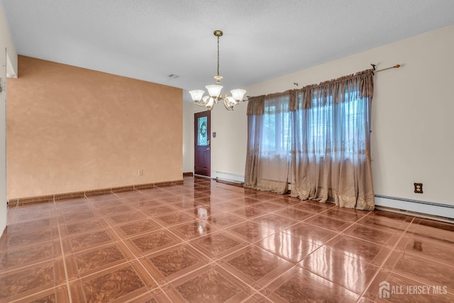 unfurnished dining area with a chandelier, baseboard heating, and tile patterned flooring