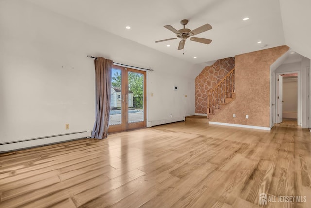 28 Colton Rd, Edison, NJ 08817 - unfurnished living room featuring a baseboard heating unit, light wood-style floors, stairs, ceiling fan, and recessed lighting