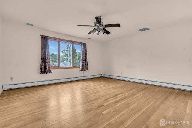 unfurnished room featuring a ceiling fan, light wood-style flooring, and a baseboard heating unit