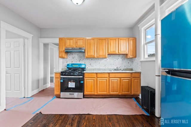 89 Woodbridge Ave, Highland Park, NJ 08904 - kitchen featuring a sink, stainless steel gas range, freestanding refrigerator, radiator, and under cabinet range hood