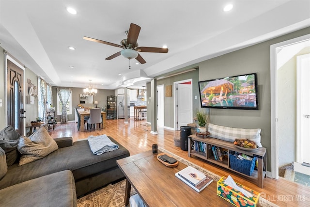 11 Stockton Rd, New Brunswick, NJ 08901 - living room with a chandelier, ceiling fan, recessed lighting, and light wood finished floors
