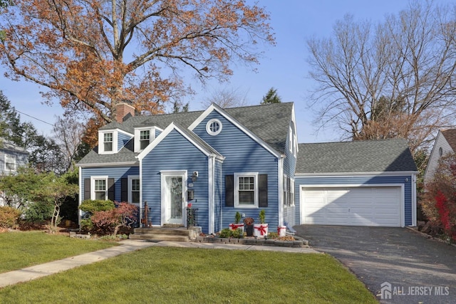 cape cod-style house with a front yard and a garage