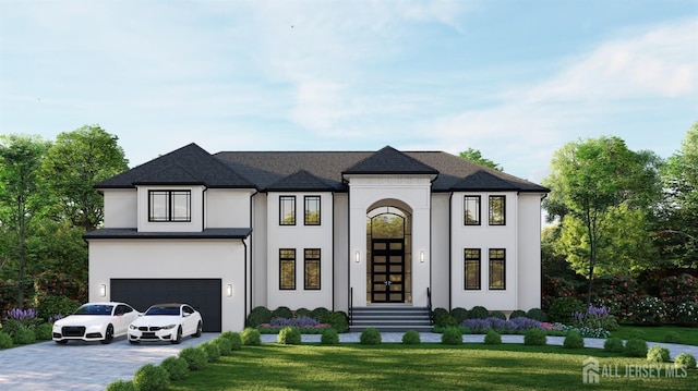 16 Stephenville Pkwy, Edison, NJ 08820 - french country style house with driveway, a front lawn, a garage, and stucco siding