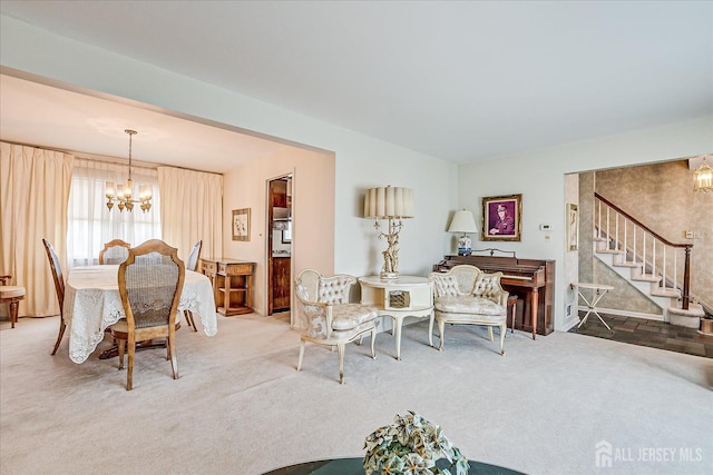 31 Riverview Ter, Hillsborough, NJ 08844 - dining space featuring a chandelier, carpet floors, and stairs