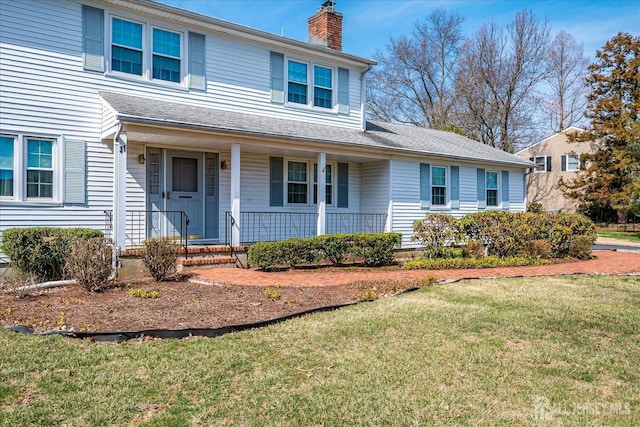 31 Riverview Ter, Hillsborough, NJ 08844 - view of front of property featuring a chimney, a front lawn, and covered porch