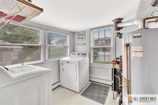 77 Navesink Ave, Middletown, NJ 07748 - washroom with a baseboard radiator, gas water heater, washing machine and clothes dryer, and light flooring