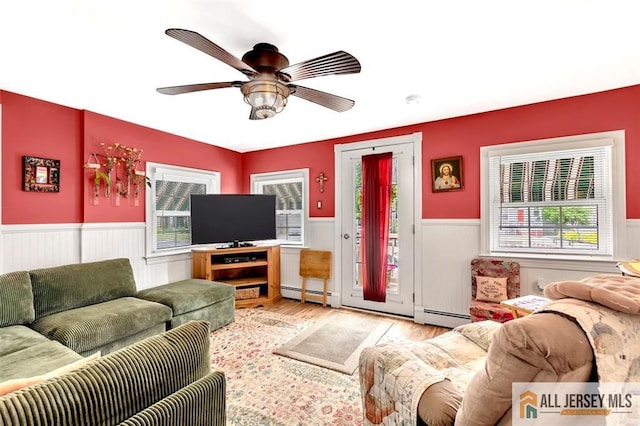 77 Navesink Ave, Middletown, NJ 07748 - living room featuring wainscoting, wood finished floors, a baseboard heating unit, and a ceiling fan