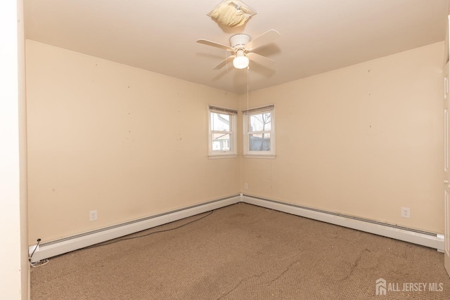 unfurnished room featuring ceiling fan, a baseboard radiator, and light carpet