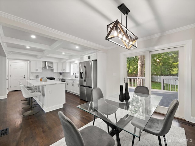 8 S Surrey Ln, East Brunswick, NJ 08816 - dining room featuring dark wood-style floors, recessed lighting, coffered ceiling, beam ceiling, and a chandelier
