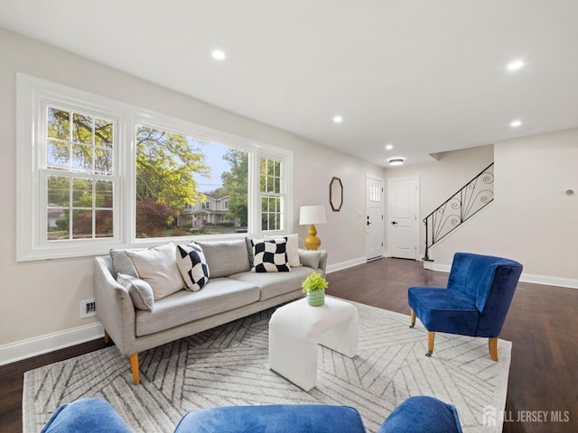 8 S Surrey Ln, East Brunswick, NJ 08816 - living area with stairs, dark wood-style floors, and recessed lighting
