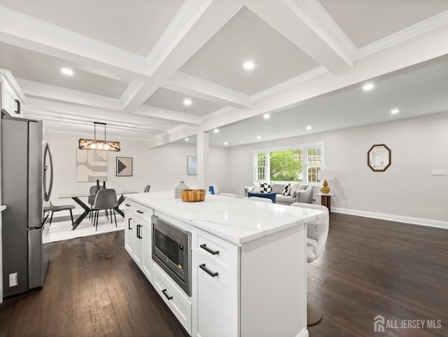 8 S Surrey Ln, East Brunswick, NJ 08816 - kitchen featuring stainless steel appliances, beamed ceiling, white cabinetry, light stone counters, and recessed lighting