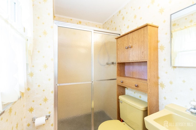 28 Beechwood Ave, Edison, NJ 08837 - full bath with toilet, a shower stall, a sink, and ornamental molding
