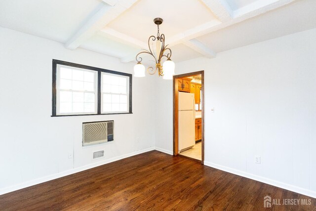 28 Beechwood Ave, Edison, NJ 08837 - unfurnished room featuring a chandelier, dark wood finished floors, beam ceiling, baseboards, and a wall mounted air conditioner