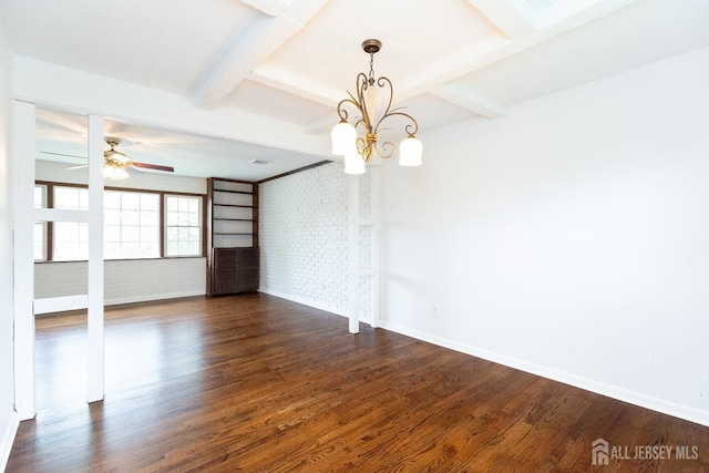 28 Beechwood Ave, Edison, NJ 08837 - unfurnished room with brick wall, a chandelier, beam ceiling, dark wood finished floors, and a ceiling fan