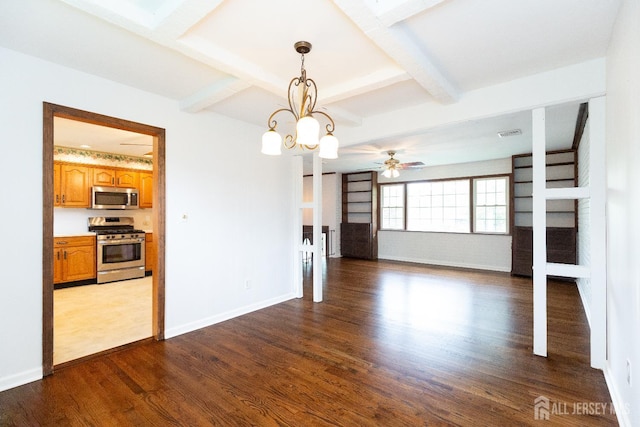 28 Beechwood Ave, Edison, NJ 08837 - unfurnished living room featuring dark wood-type flooring, beamed ceiling, a ceiling fan, baseboards, and a chandelier
