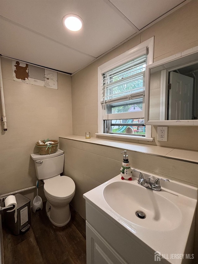 bathroom with wood finished floors, toilet, and vanity