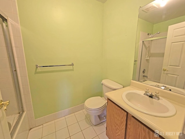 full bath with visible vents, toilet, enclosed tub / shower combo, tile patterned flooring, and vanity