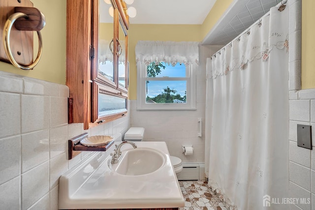 700 Sunbrite Ln, Piscataway, NJ 08854 - bathroom with tile walls, a baseboard heating unit, vanity, and a shower with curtain