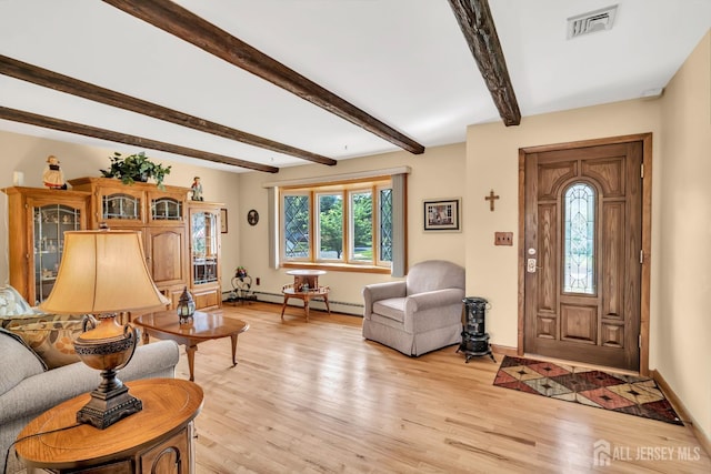 700 Sunbrite Ln, Piscataway, NJ 08854 - living area featuring light wood-style flooring, a baseboard heating unit, and beam ceiling