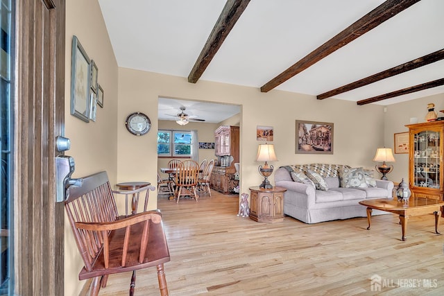 700 Sunbrite Ln, Piscataway, NJ 08854 - living room featuring light wood finished floors, a ceiling fan, and beam ceiling