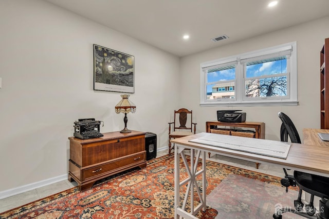 office space with recessed lighting, visible vents, baseboards, and light tile patterned floors