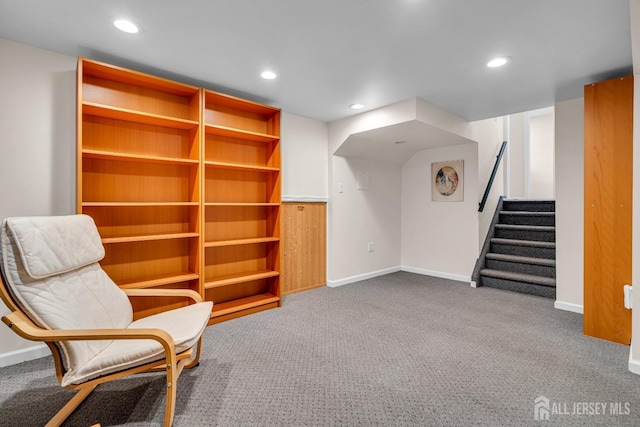 unfurnished room featuring stairway, recessed lighting, baseboards, and carpet floors