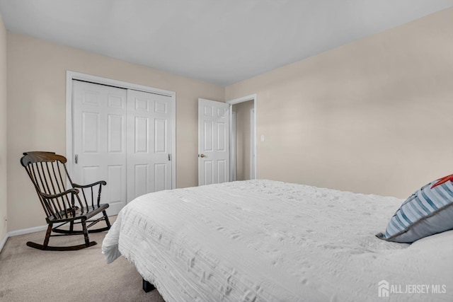 bedroom featuring a closet, baseboards, and carpet floors