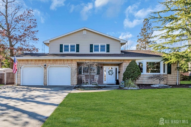 view of front facade featuring a front yard, concrete driveway, a garage, and a shingled roof