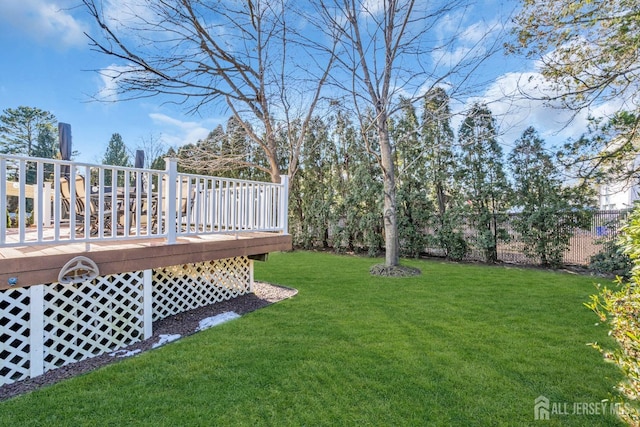 view of yard with a deck and fence