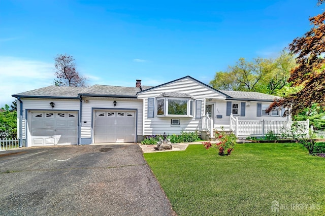 single story home with a garage, a front lawn, a chimney, a shingled roof, and driveway