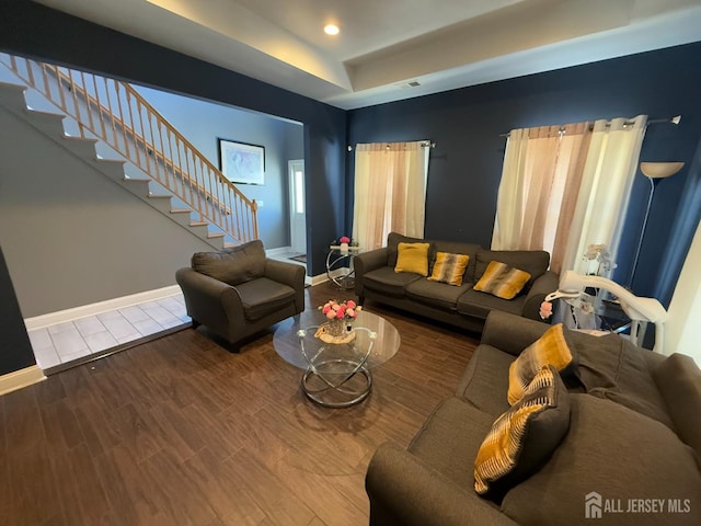 living room featuring wood-type flooring and a raised ceiling