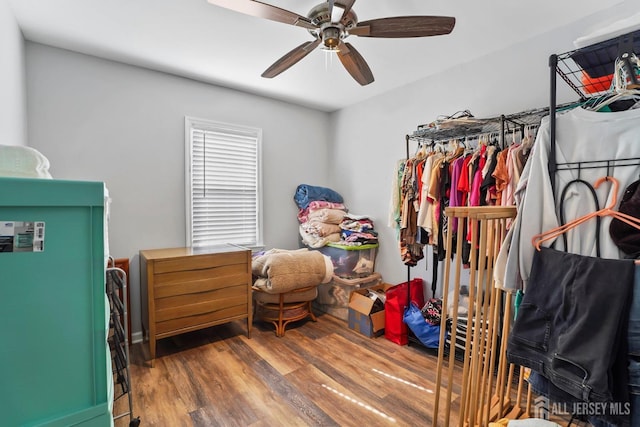 interior space with hardwood / wood-style flooring and ceiling fan