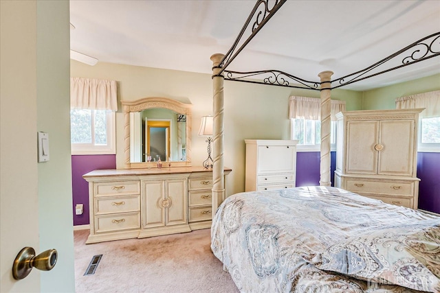 bedroom featuring multiple windows and light carpet