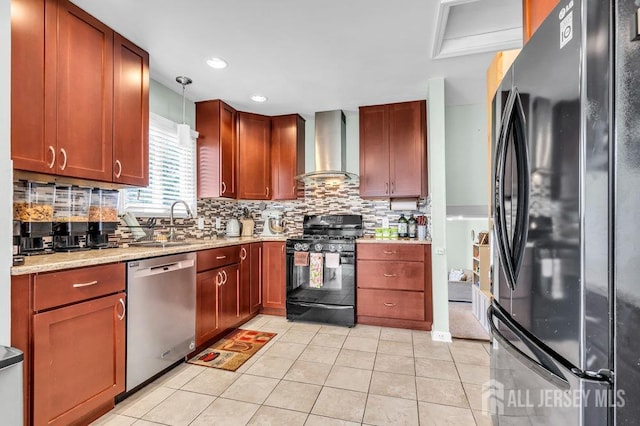 14 Academic Rd, East Brunswick, NJ 08816 - kitchen with black appliances, wall chimney range hood, light tile patterned floors, decorative backsplash, and recessed lighting