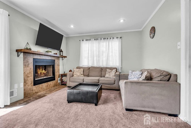 14 Academic Rd, East Brunswick, NJ 08816 - living area with crown molding, a fireplace, recessed lighting, and wood finished floors