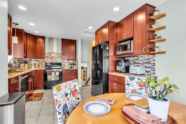 14 Academic Rd, East Brunswick, NJ 08816 - kitchen featuring black appliances, wall chimney range hood, open shelves, tasteful backsplash, and light tile patterned floors