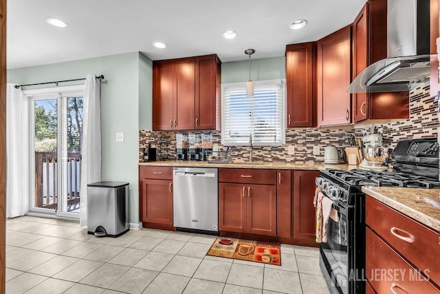 14 Academic Rd, East Brunswick, NJ 08816 - kitchen featuring black gas stove, dishwasher, wall chimney range hood, decorative backsplash, and light stone countertops