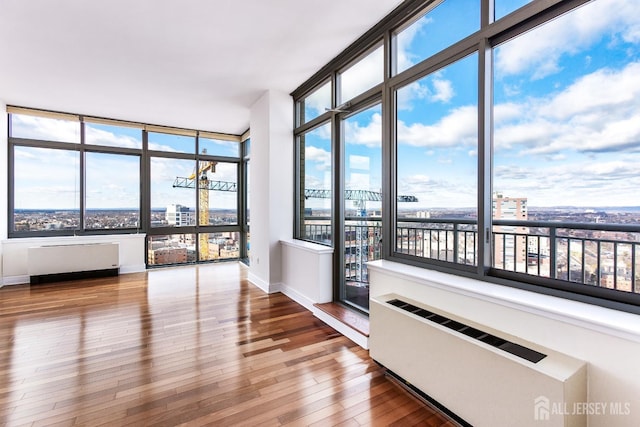 interior space with radiator heating unit and a city view