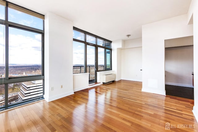 empty room with baseboards, wood finished floors, and floor to ceiling windows