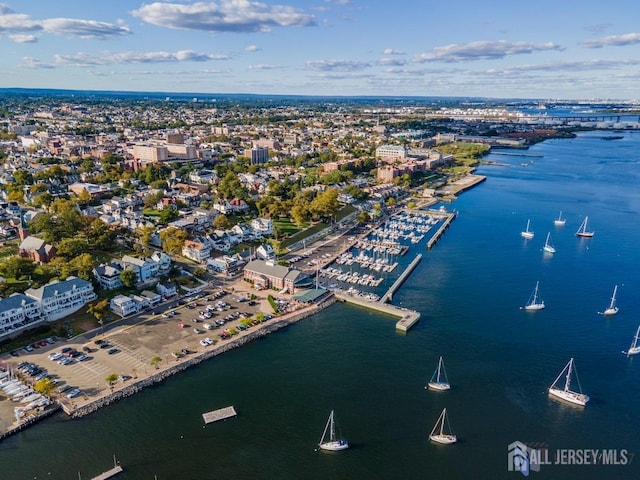 birds eye view of property featuring a water view