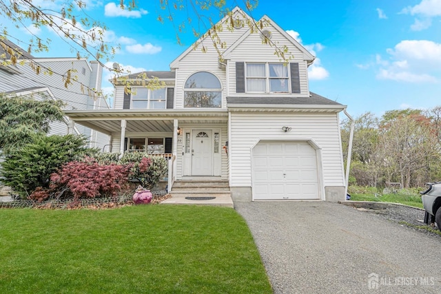 220 Raritan St, South Amboy, NJ 08879 - view of front of property with a front yard, an attached garage, a porch, driveway, and a shingled roof