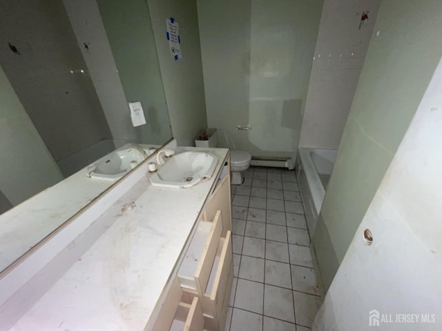 full bathroom with a tub to relax in, toilet, a baseboard radiator, tile patterned flooring, and vanity