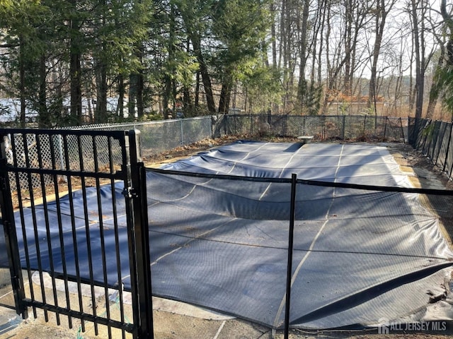 view of swimming pool with a gate and fence