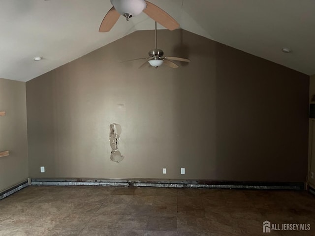 interior space featuring ceiling fan and vaulted ceiling