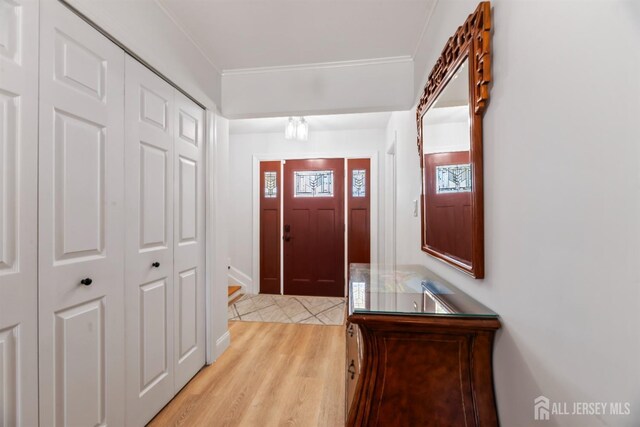 entrance foyer featuring ornamental molding, light hardwood / wood-style floors, and a wealth of natural light