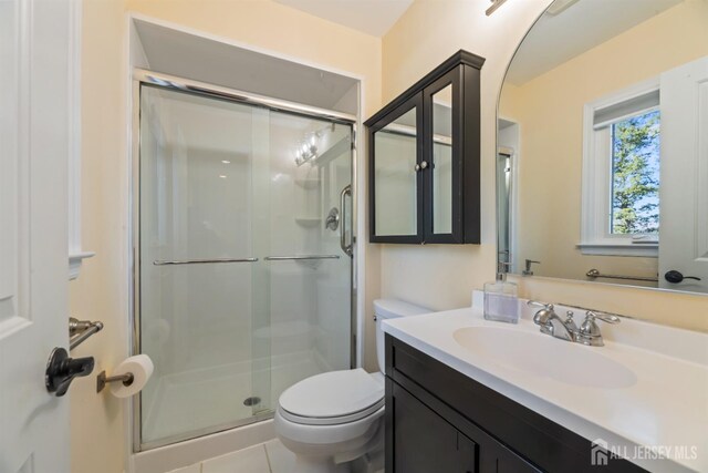 bathroom with an enclosed shower, vanity, and toilet