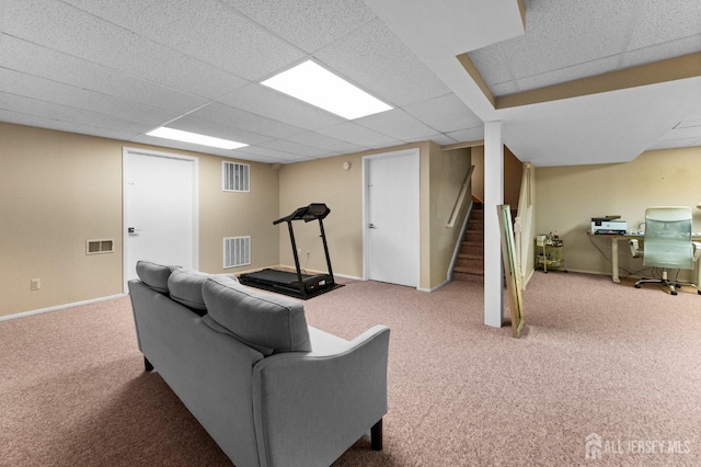 473 E Sayre Dr, Middlesex, NJ 08540 - living area with carpet, a paneled ceiling, and stairs